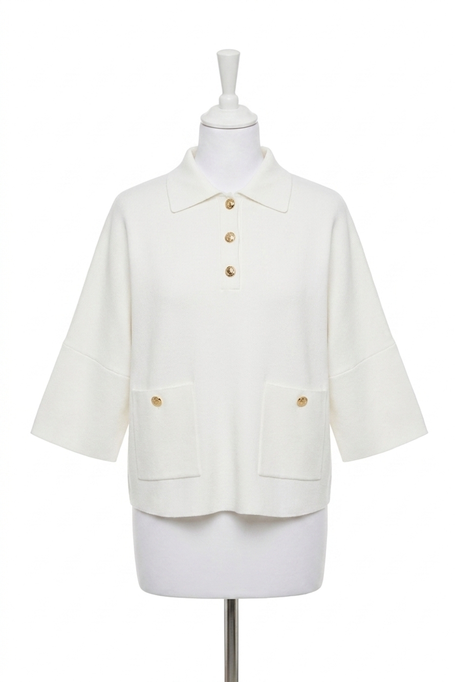 NEW JOSEPH RIBKOFF collared 3/4 sleeve boxy sweater top in winter white